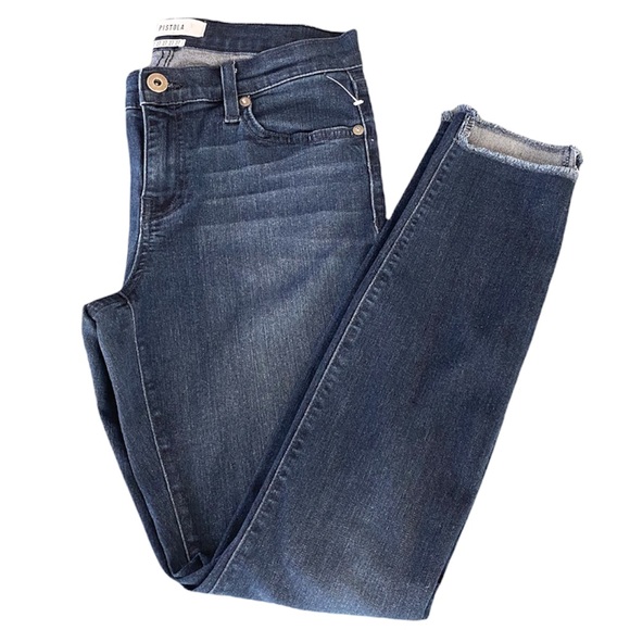 Pistola Shark Bite Raw Distressed Hem Skinny Dark Wash High Waist Ankle Jeans - Picture 2 of 15